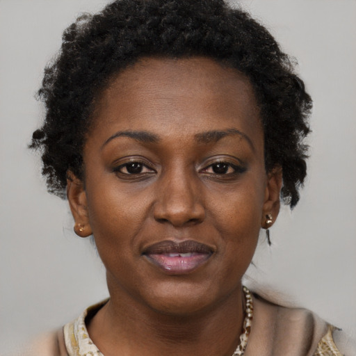 Joyful black adult female with short  brown hair and brown eyes