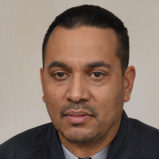 Neutral black adult male with short  black hair and brown eyes