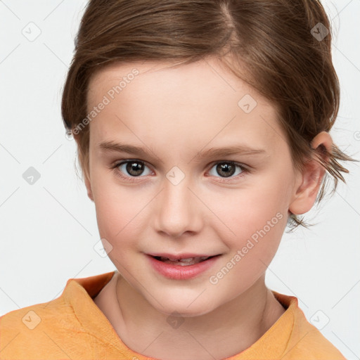 Joyful white child female with medium  brown hair and brown eyes