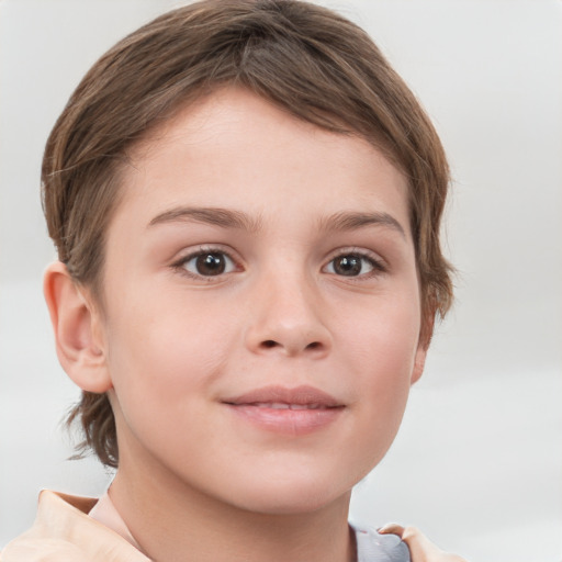 Joyful white child female with short  brown hair and brown eyes