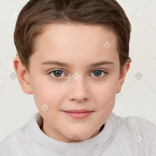 Joyful white child female with short  brown hair and brown eyes