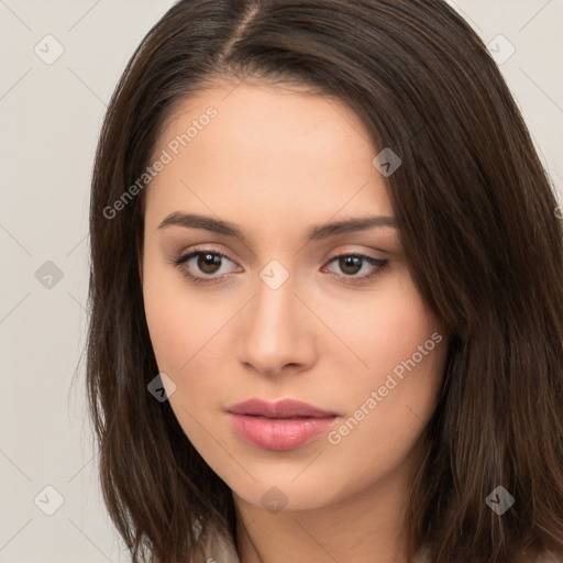 Neutral white young-adult female with long  brown hair and brown eyes