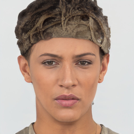 Neutral white young-adult female with short  brown hair and brown eyes