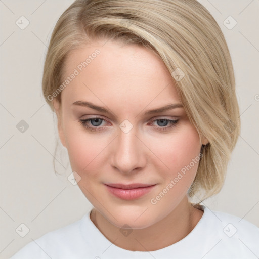 Joyful white young-adult female with medium  brown hair and blue eyes