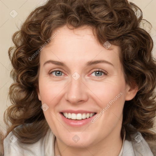 Joyful white young-adult female with medium  brown hair and green eyes