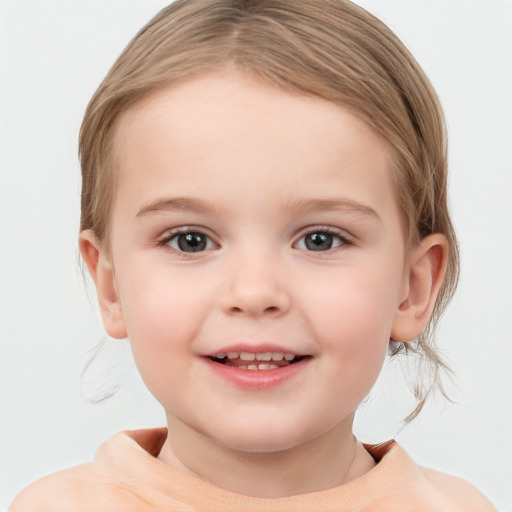 Joyful white child female with medium  brown hair and blue eyes