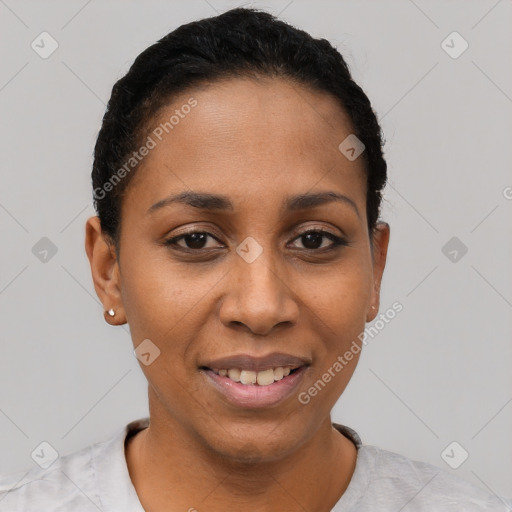 Joyful latino young-adult female with short  black hair and brown eyes