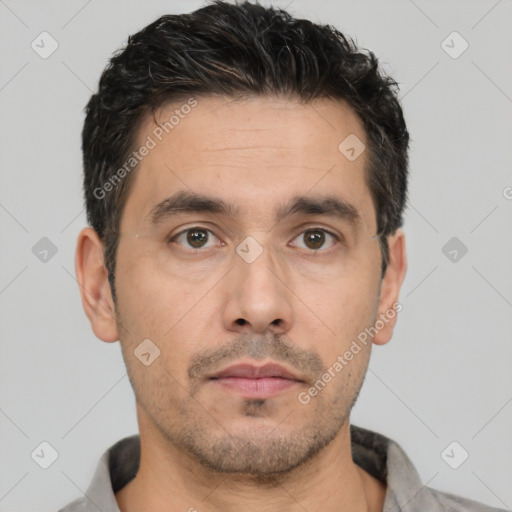 Neutral white adult male with short  brown hair and brown eyes