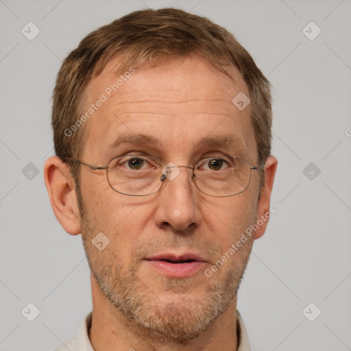 Joyful white middle-aged male with short  brown hair and brown eyes