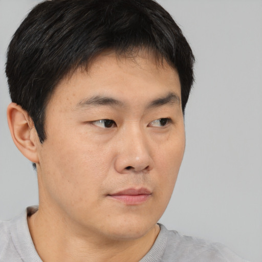 Neutral asian young-adult male with short  brown hair and brown eyes