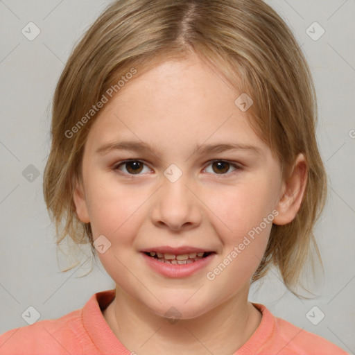 Joyful white child female with medium  brown hair and brown eyes