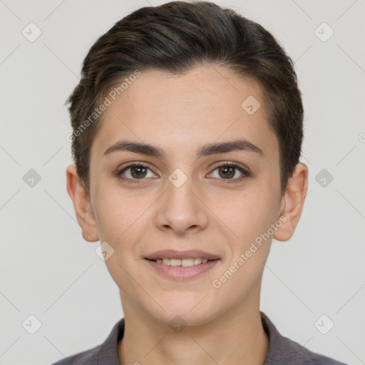 Joyful white young-adult female with short  brown hair and brown eyes