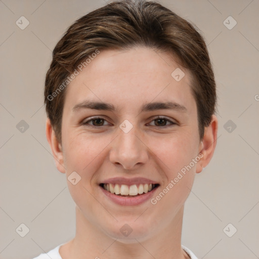 Joyful white young-adult female with short  brown hair and brown eyes