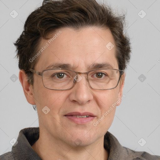 Joyful white adult male with short  brown hair and grey eyes