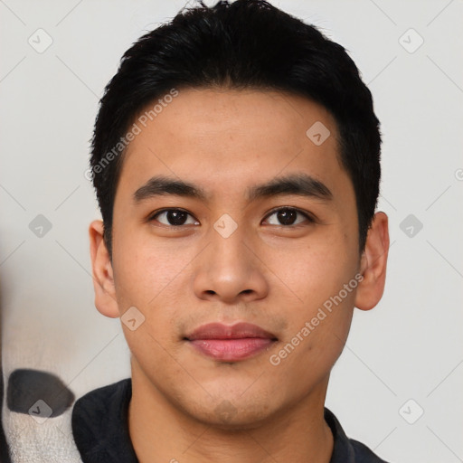 Neutral asian young-adult male with short  black hair and brown eyes