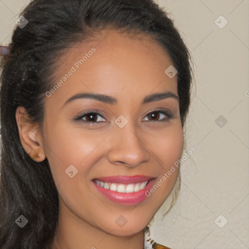 Joyful latino young-adult female with long  brown hair and brown eyes