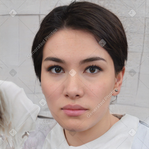 Neutral white young-adult female with medium  brown hair and brown eyes