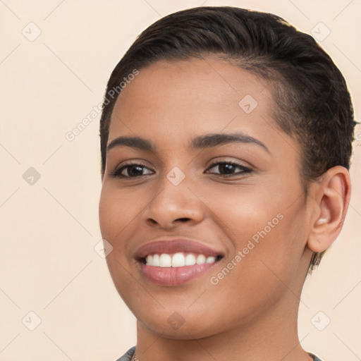 Joyful white young-adult female with short  brown hair and brown eyes