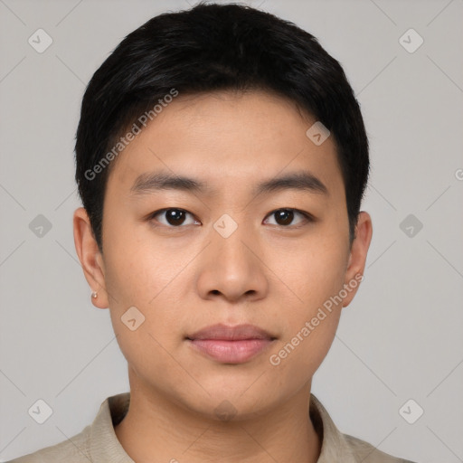 Neutral asian young-adult male with short  black hair and brown eyes