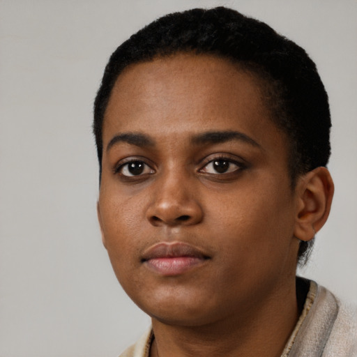 Neutral black young-adult female with short  black hair and brown eyes