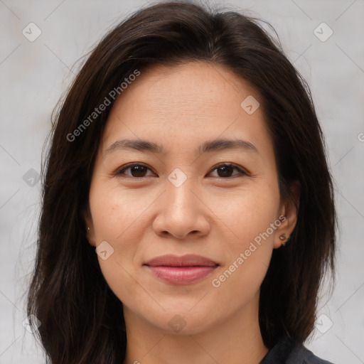 Joyful white young-adult female with medium  brown hair and brown eyes