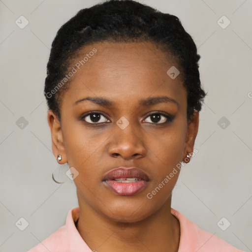 Neutral black young-adult female with short  black hair and brown eyes