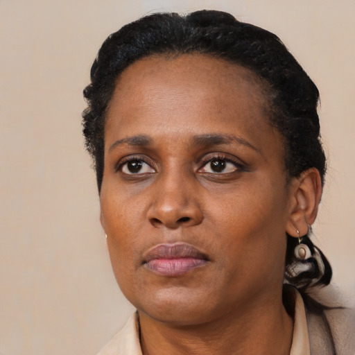 Neutral black adult female with medium  black hair and brown eyes