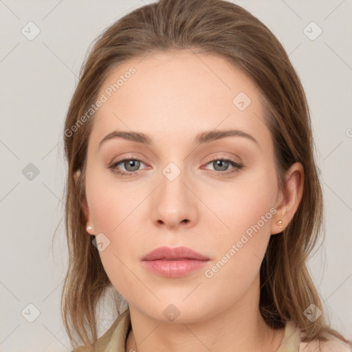 Neutral white young-adult female with medium  brown hair and brown eyes