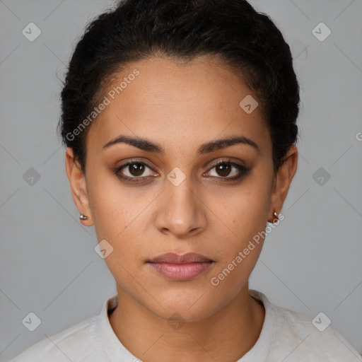 Neutral latino young-adult female with short  brown hair and brown eyes