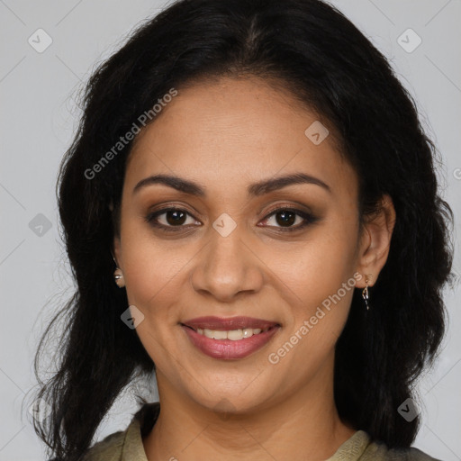 Joyful latino young-adult female with long  brown hair and brown eyes