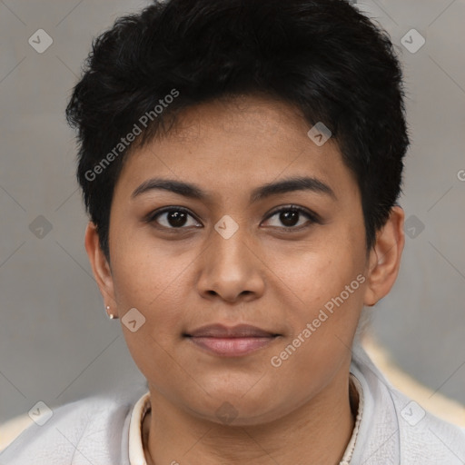 Joyful asian young-adult female with short  black hair and brown eyes