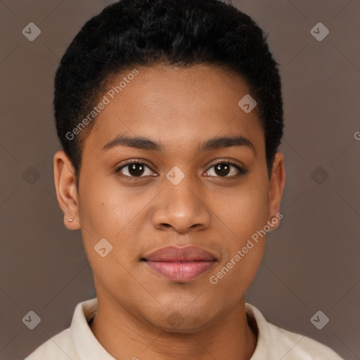 Joyful latino young-adult female with short  brown hair and brown eyes