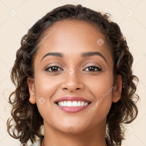 Joyful white young-adult female with long  brown hair and brown eyes