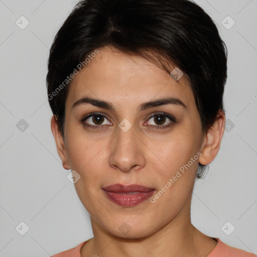 Joyful white young-adult female with short  brown hair and brown eyes