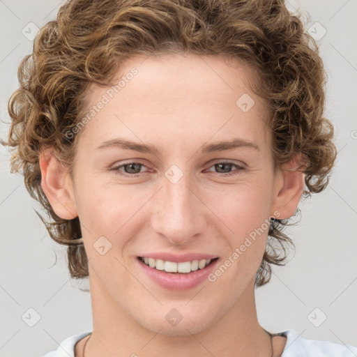 Joyful white young-adult female with medium  brown hair and blue eyes