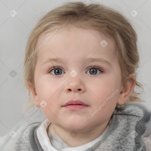 Neutral white child female with medium  brown hair and blue eyes