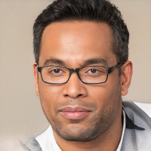 Joyful white adult male with short  black hair and brown eyes