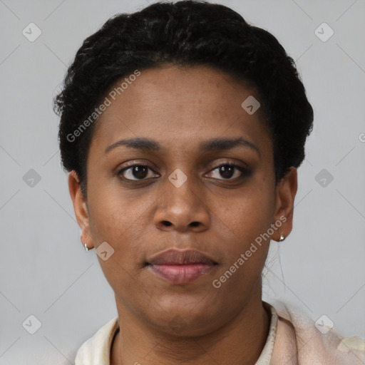 Neutral latino young-adult female with short  black hair and brown eyes