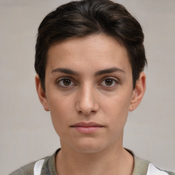 Neutral white young-adult female with short  brown hair and brown eyes