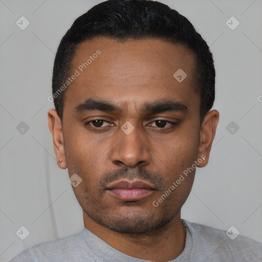 Neutral black young-adult male with short  black hair and brown eyes