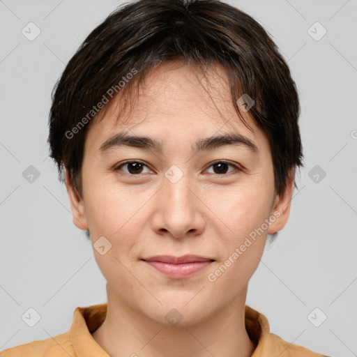 Joyful white young-adult female with short  brown hair and brown eyes