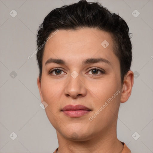 Joyful white young-adult female with short  brown hair and brown eyes