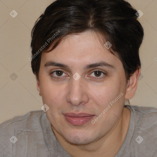 Joyful white young-adult female with short  brown hair and brown eyes