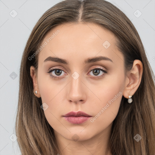 Neutral white young-adult female with long  brown hair and brown eyes