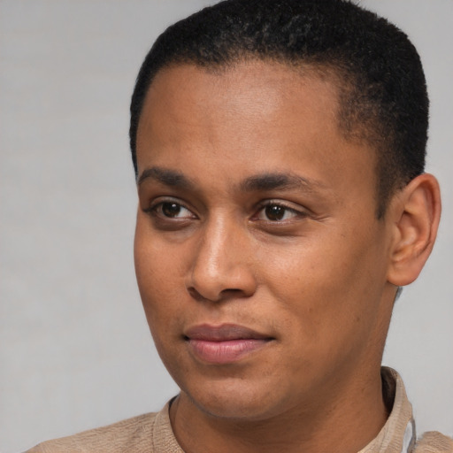 Neutral latino young-adult male with short  brown hair and brown eyes