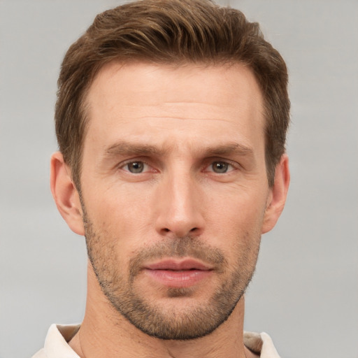 Neutral white adult male with short  brown hair and brown eyes