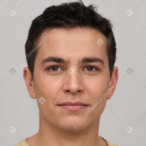 Neutral white young-adult male with short  brown hair and brown eyes