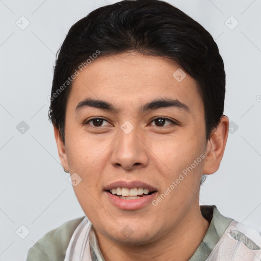 Joyful asian young-adult male with short  brown hair and brown eyes