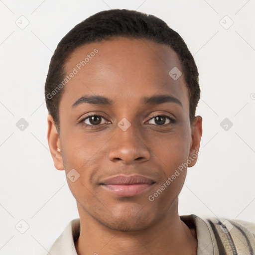 Joyful latino young-adult male with short  brown hair and brown eyes