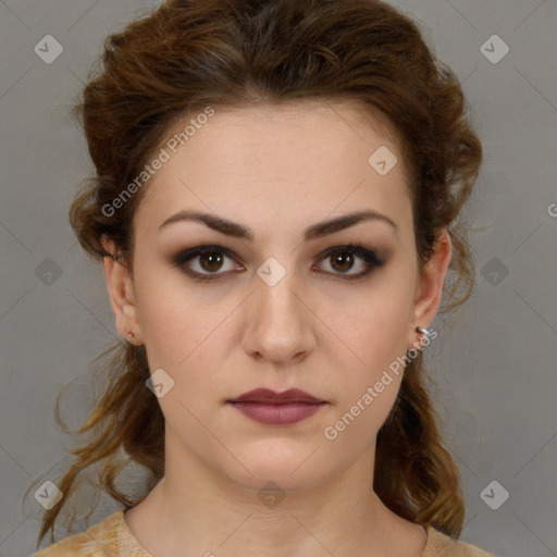 Neutral white young-adult female with medium  brown hair and brown eyes